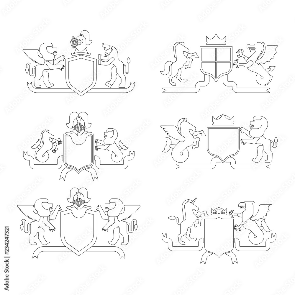 Heraldic Shield and Knight Helmet set linear style. Fantastic Beasts. Template heraldry design element. Coat of arms of royal family. Hippocampus  and lion. Dragon and wyvern. Pgasus and griffin.