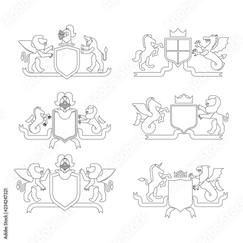 Heraldic Shield and Knight Helmet set linear style. Fantastic Beasts. Template heraldry design element. Coat of arms of royal family. Hippocampus  and lion. Dragon and wyvern. Pgasus and griffin.