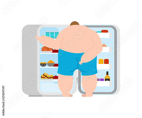 Open fridge And fat man. lot of food. Refrigerator for glutton