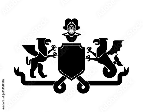 Heraldic Shield Griffin and sea Griffin and Knight Helmet. Fantastic Beasts. Template heraldry design element. Coat of arms of royal family