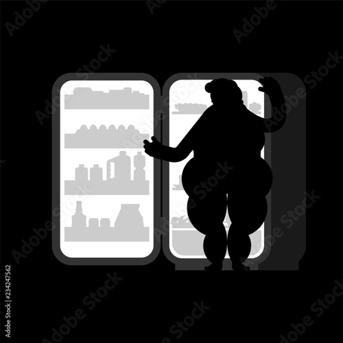 Open fridge night and fat woman. Food silhouette. Refrigerator for glutton
