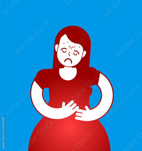 PMS icon. Menstrual pain girl sign. Woman suffering from abdominal pain. Girl with period of abdominal cramps