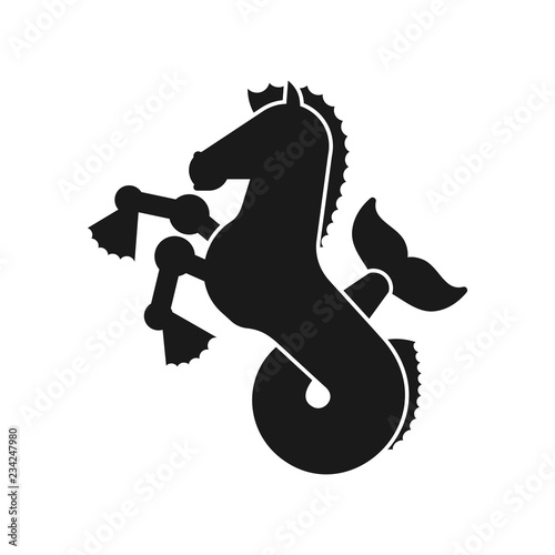 Hippocampus Heraldic animal silhouette. Sea horse with fishtail. Fantastic Beast. Monster for coat of arms. Heraldry design element.