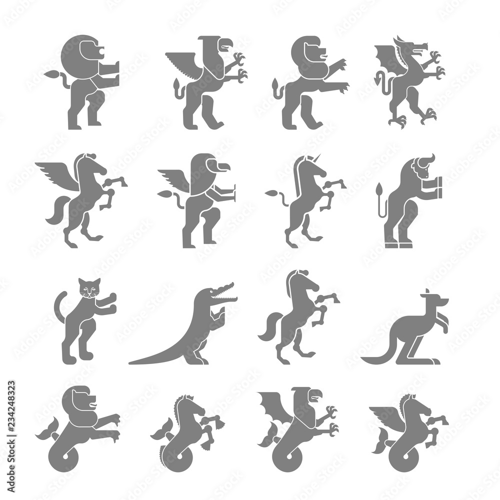 Heraldic animal silhouette set. Hippocampus  and lion. Dragon and wyvern. Fantastic Beast. Monster for coat of arms. Heraldry design element. Pgasus and griffin. leopard, tiger