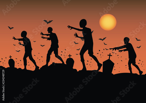 vector silhouette of a crowd of zombies in a cemetery, tombstones in a cemetery under a bloody moon