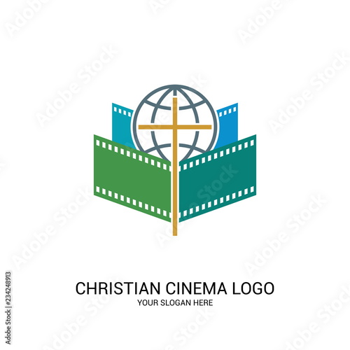 Christian cinema logo. Symbols of movies and videos for the ministry, conference, camp, festival, event.