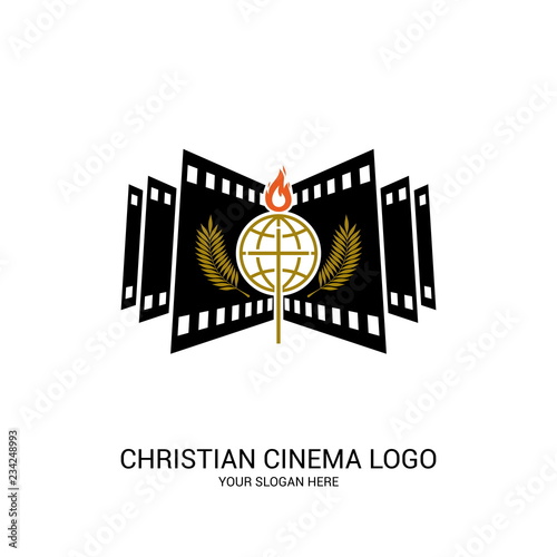 Christian cinema logo. Symbols of movies and videos for the ministry, conference, camp, festival, event.