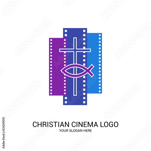 Christian cinema logo. Symbols of movies and videos for the ministry, conference, camp, festival, event.