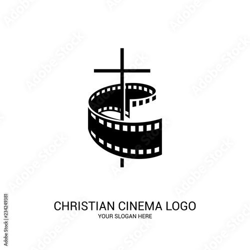Christian cinema logo. Symbols of movies and videos for the ministry, conference, camp, festival, event.