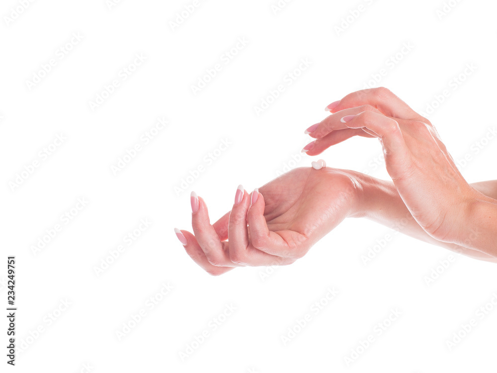 Beautiful woman's hands on the white background