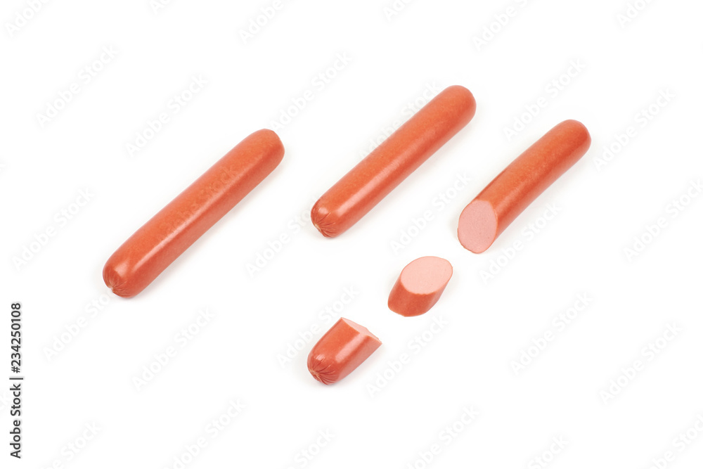 Fresh boiled sausages and slices, isolated on white background Fresh boiled sausages and slices, isolated on white background
