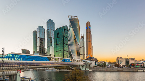 Photography Moscow city skyscraper, Moscow International Business Centre at evening time with Moscow river, Russia