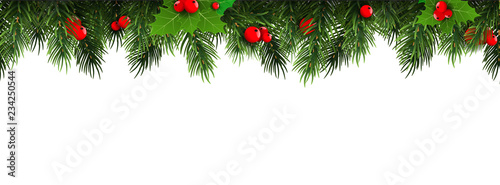 Horizontal Christmas border frame with fir branches, pine cones, berries. Vector illustration.