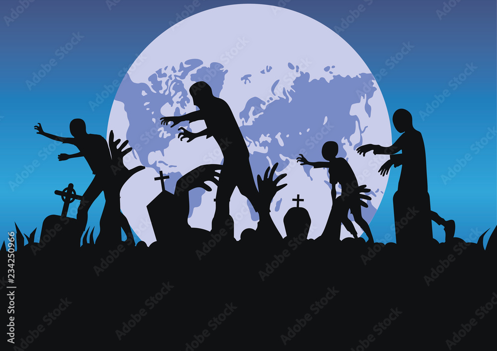 vector silhouette of a crowd of zombies in a cemetery, tombstones in a cemetery under moon