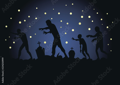 vector silhouette of a crowd of zombies in a cemetery, tombstones in a cemetery