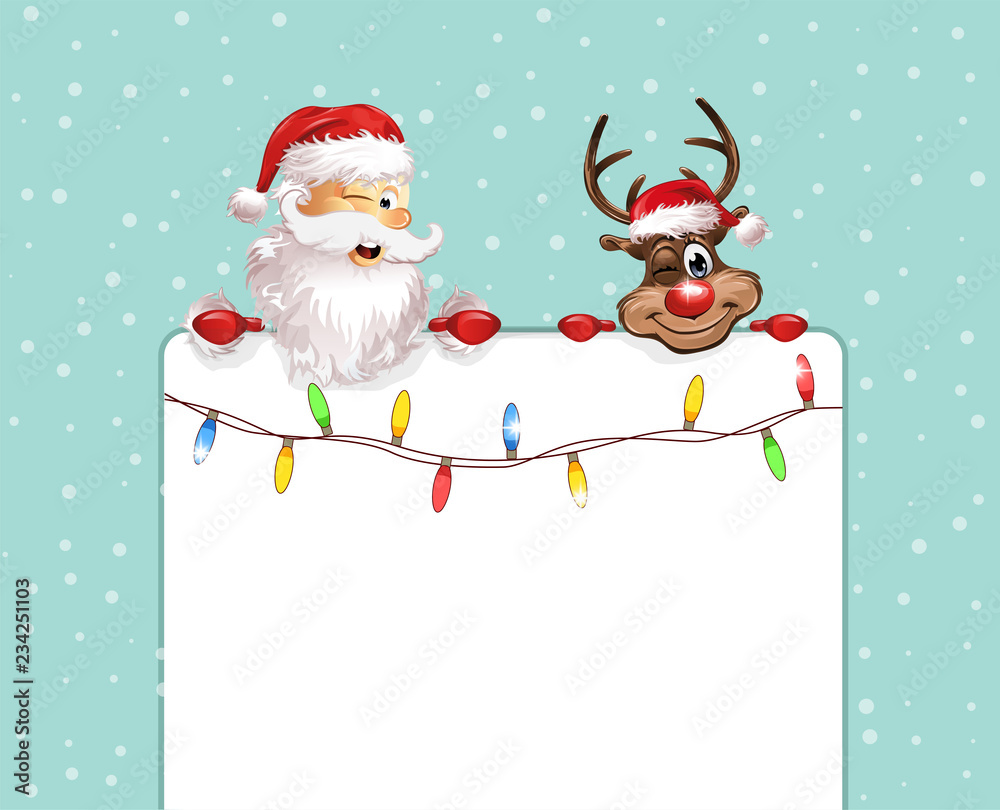 Weihnachtsmann Rudolph Lichterkette Schild blauer Hintergrund  Stock-Vektorgrafik | Adobe Stock