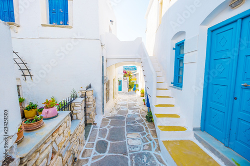 Colorful stairs in narrow street with white houses and blue colored windows. Old rustic Greek house exterior © Ievgen Skrypko