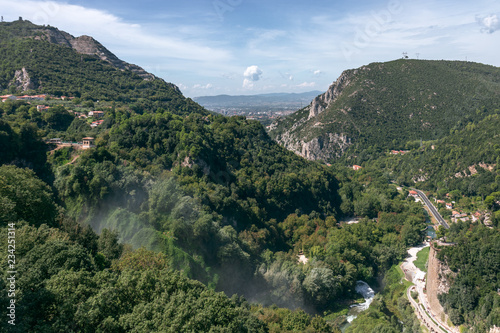 Panoramic view of the umbria hills and the place of the Marmore waterfalls (Cascate delle Marmore), Umbria, Italy