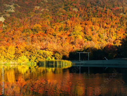 Water reflection of autumn mountains