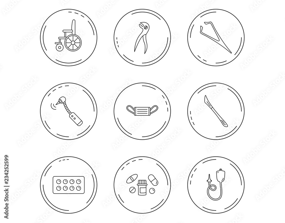 Fototapeta premium Medical mask, pills and dental pliers icons.