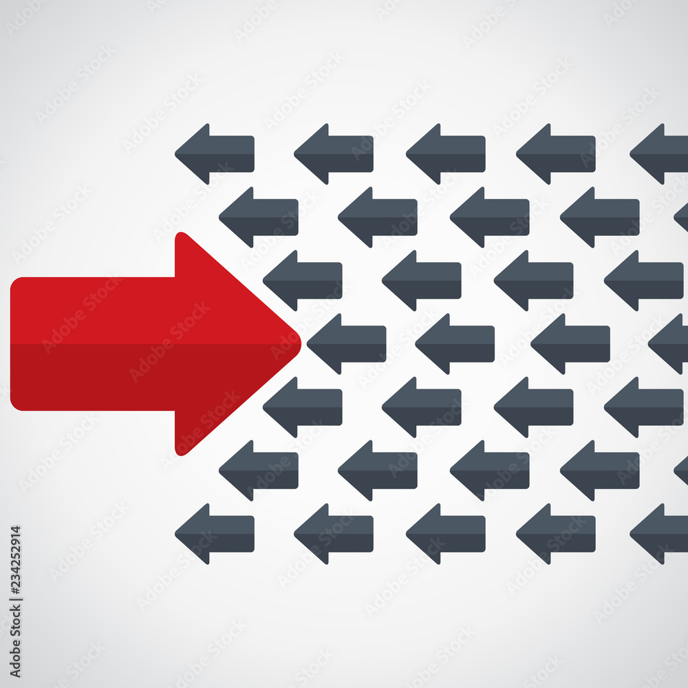 The arrrow is moving against the mainstream. Think differently. Stand out from the crowd concept. The arrrow is moving against the mainstream. Think differently. Stand out from the crowd concept.
