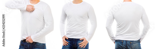 Man in a white short and longsleeved T shirts isolated on white background for your design, back and font