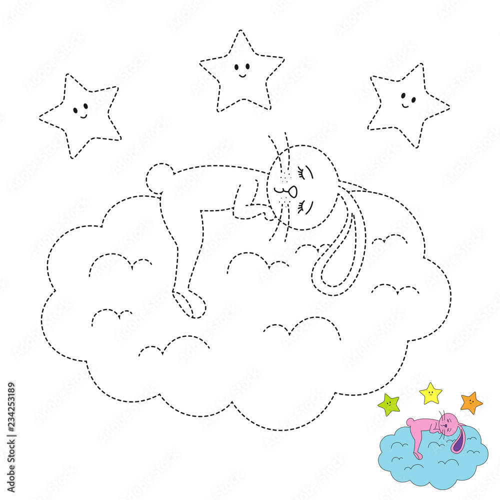 drawing worksheet for preschool kids with easy gaming level of difficulty simple educational game for children illustration of funny stars and hare sleeping on cloud stock illustration adobe stock