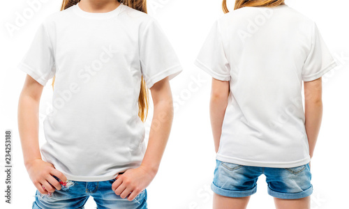Kid's white T-shirt on the girl from the front and the back sides isolated on a white background