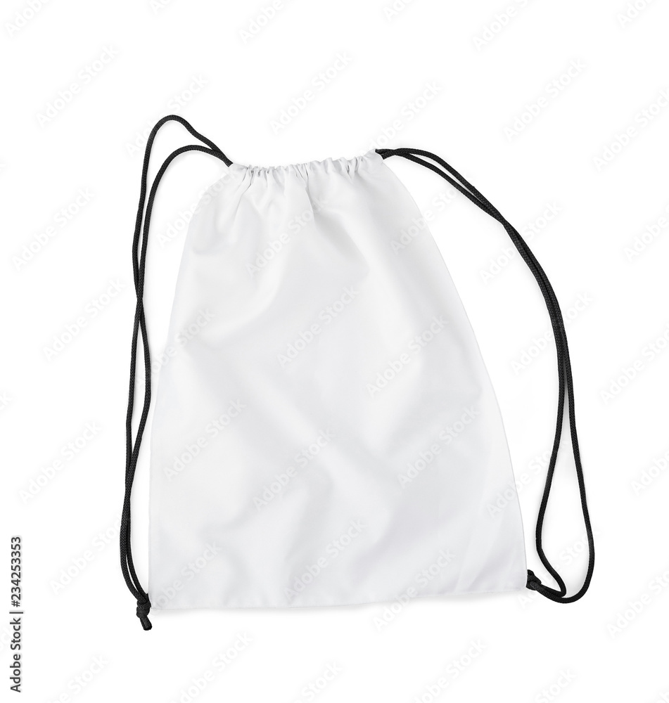 white backpack with black string isolated on a white background - obrazy, fototapety, plakaty 