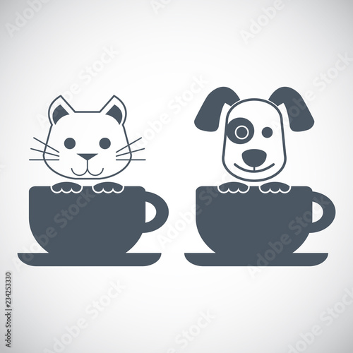 Cute cat and dog with coffee cup logo vector.
