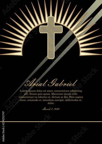 Obituary template with golden cross and light beams. tasteful luxurious funeral announcement with golden decor on black background. Vector template