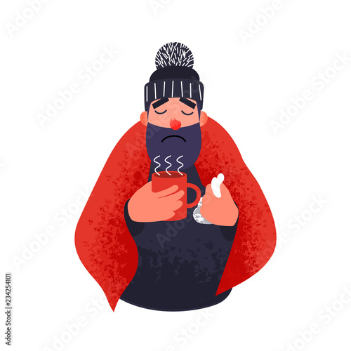Cold man in a rug holds a cup. Sick young person