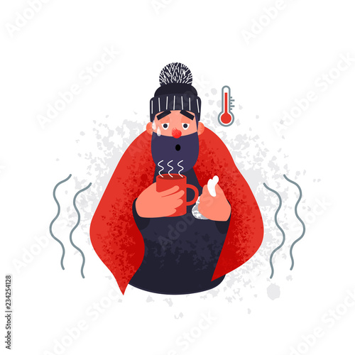 Man with fever holding cup of warm tea.