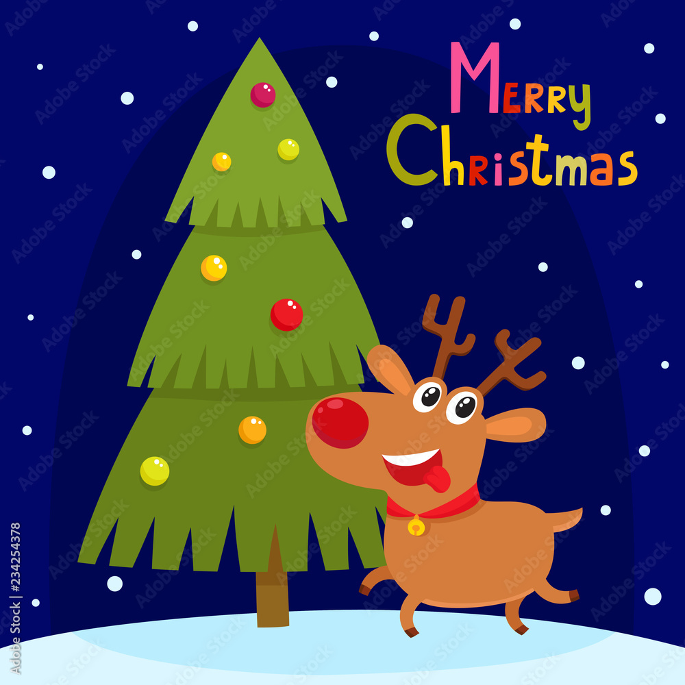 Christmas greeting card with cute cartoon reindeer.