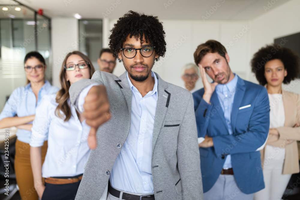 Group of unsuccessful business people and badly managed company leads to unhappiness Group of unsuccessful business people and badly managed company leads to unhappiness