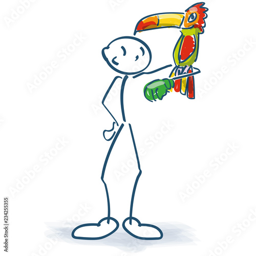 Strichmännchen mit einem Papagei auf dem Arm