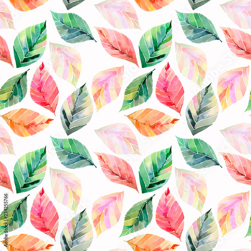Beautiful lovely cute wonderful graphic bright floral herbal autumn orange green yellow leaves pattern watercolor hand sketch. Perfect for textile, wallpapers, wrapping paper