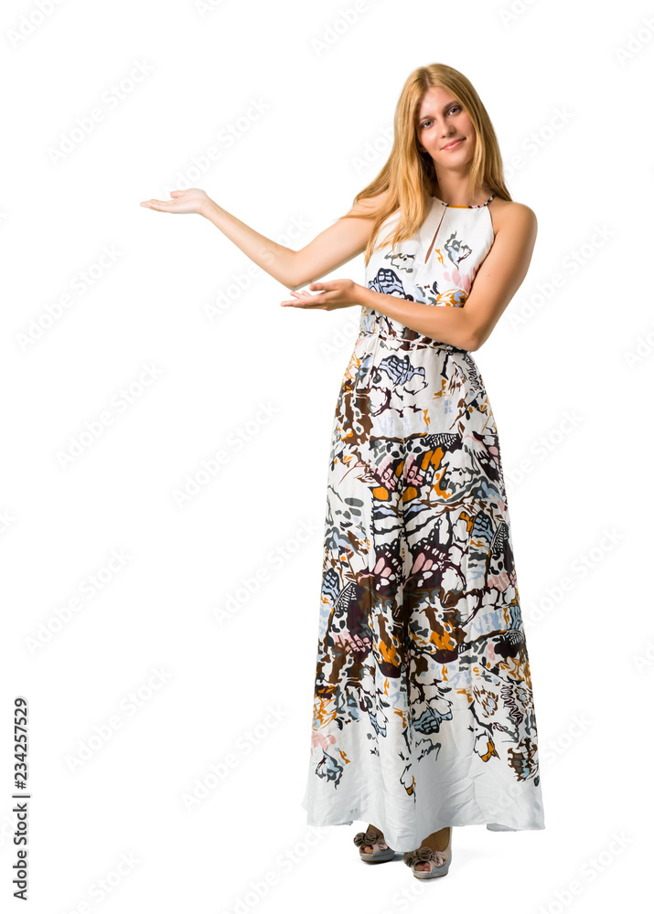 Blonde young girl in a summer dress presenting and inviting to come on isolated white backgroun Blonde young girl in a summer dress presenting and inviting to come on isolated white backgroun
