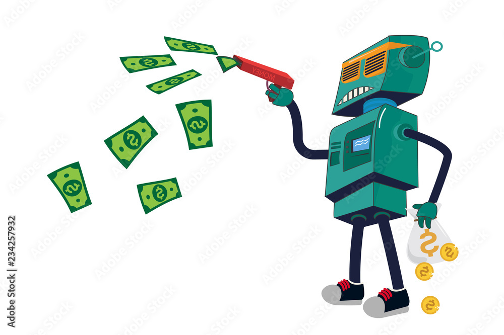 Robot ATM. Cool robot with glasses shoots a gun with money vector de Stock  | Adobe Stock