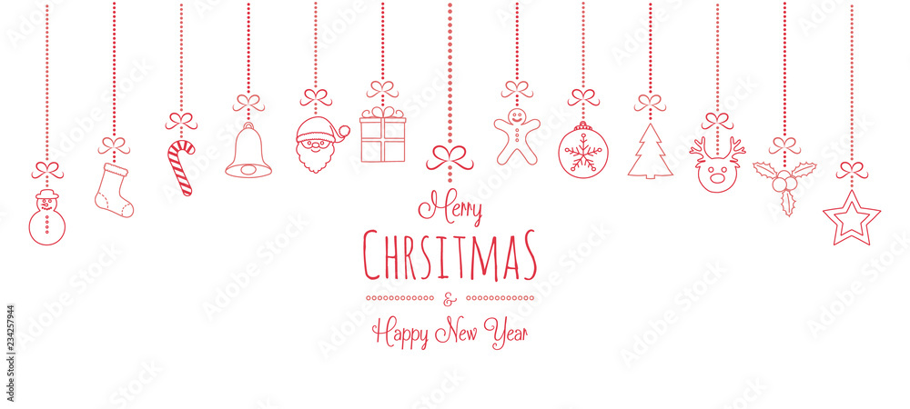 Naklejka premium Christmas greetings with hanging decorations. Vector.