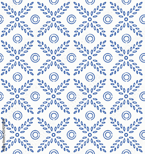 Indigo blue hand drawn vector seamless pattern. Porcelain - style surface design for fabric, wrapping paper or backdrop.