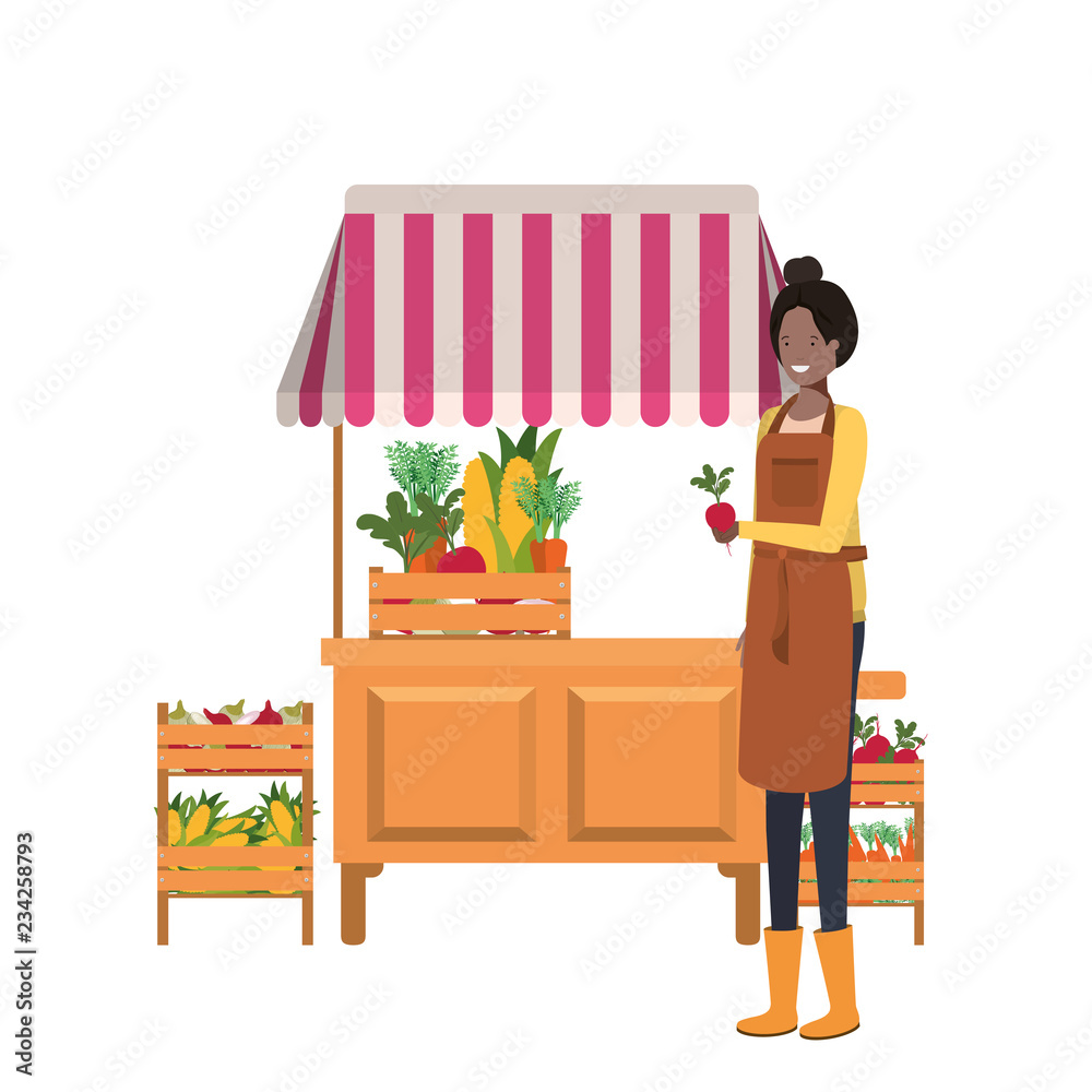 vegetable seller woman with kiosk isolated icon Stock Vector | Adobe Stock