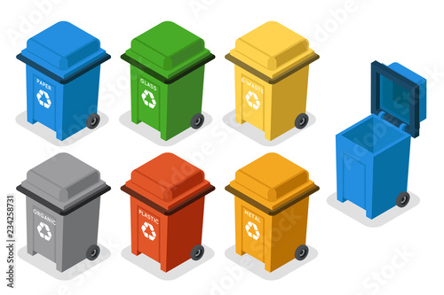 Isometric garbage cans trash separation recycling isolated 3d flat design icons set vector illustration