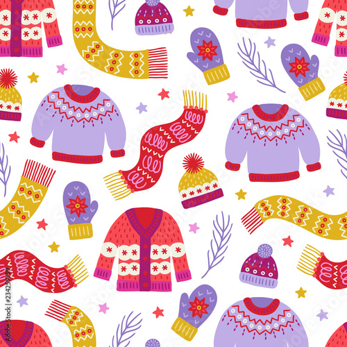 Christmas seamless pattern with sweater, woolen hat, mittens, scarf, stars