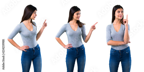 Set of Teenager girl pointing finger to the side and presenting a product and pointing