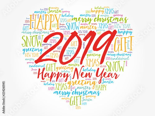 2019 Happy New Year Heart word cloud collage, holiday background © dizain