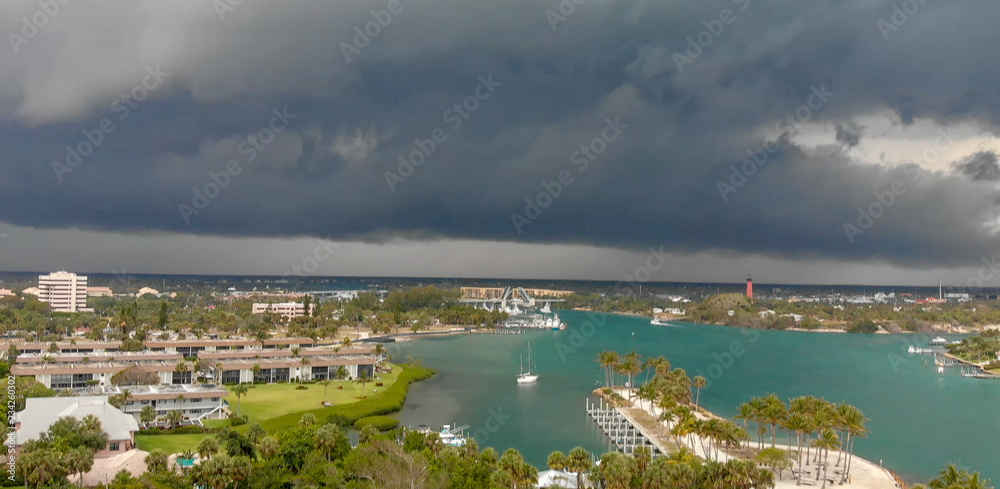 Aerial view of coutryside and coastline from Dubois Park on a stormy day  in Jupiter, Florida