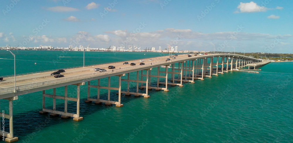 Aerial view of traffic along Rickenbacker Causeway, Miami - Florida