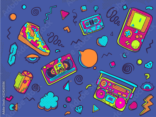 Back to the 90s. Set of stickers, pins, patches in trendy 80s-90s memphis style.