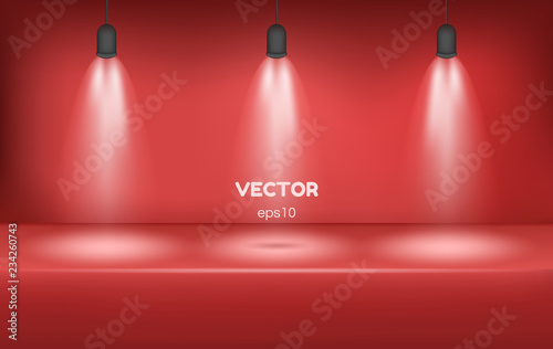 Vector studio room for presentation and display the content on a website in red color and spotlights. For advertising of product design. Stock Mockup.